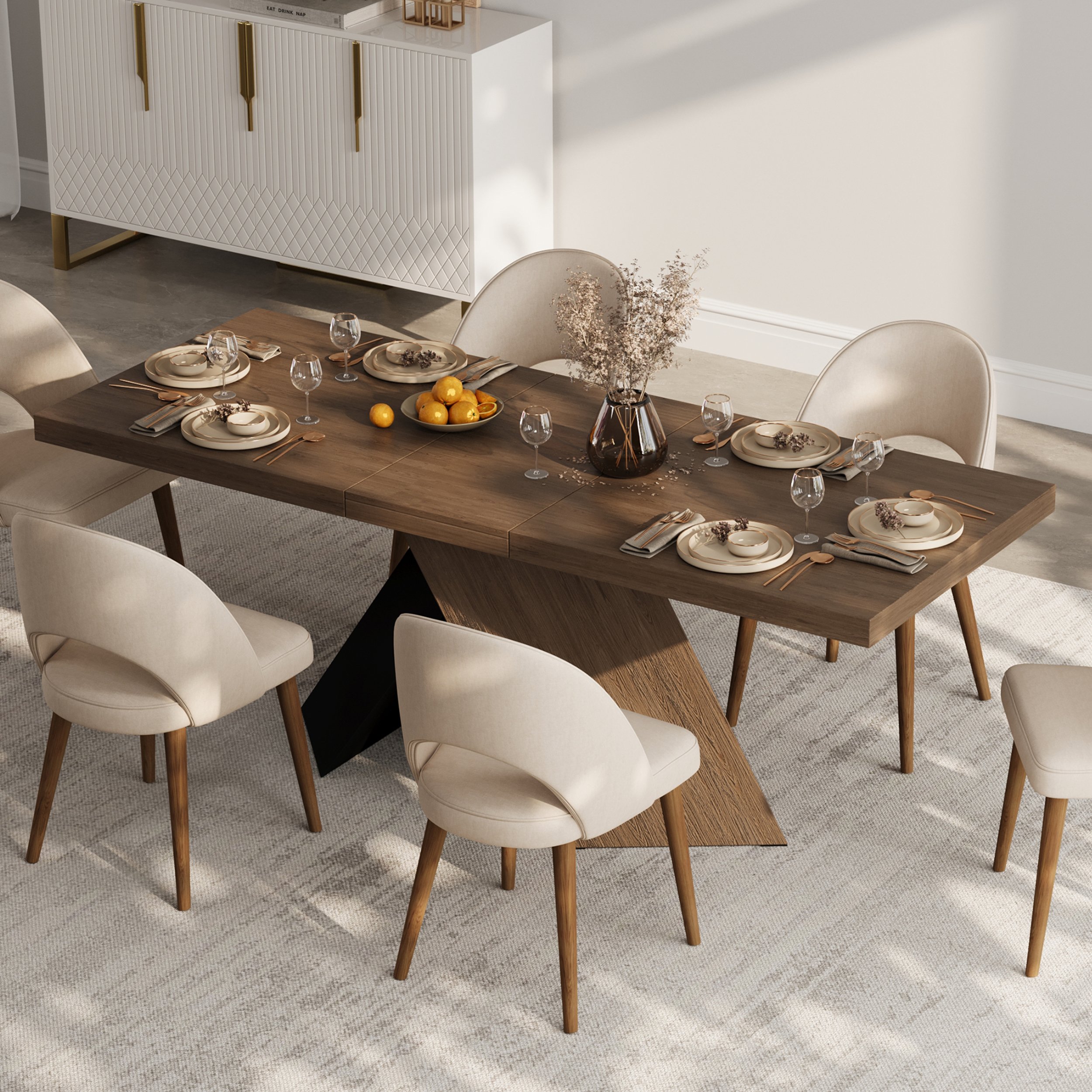 Dining Set: 64" to 80" Extendable Walnut Table with 6 Chairs - Alternate View