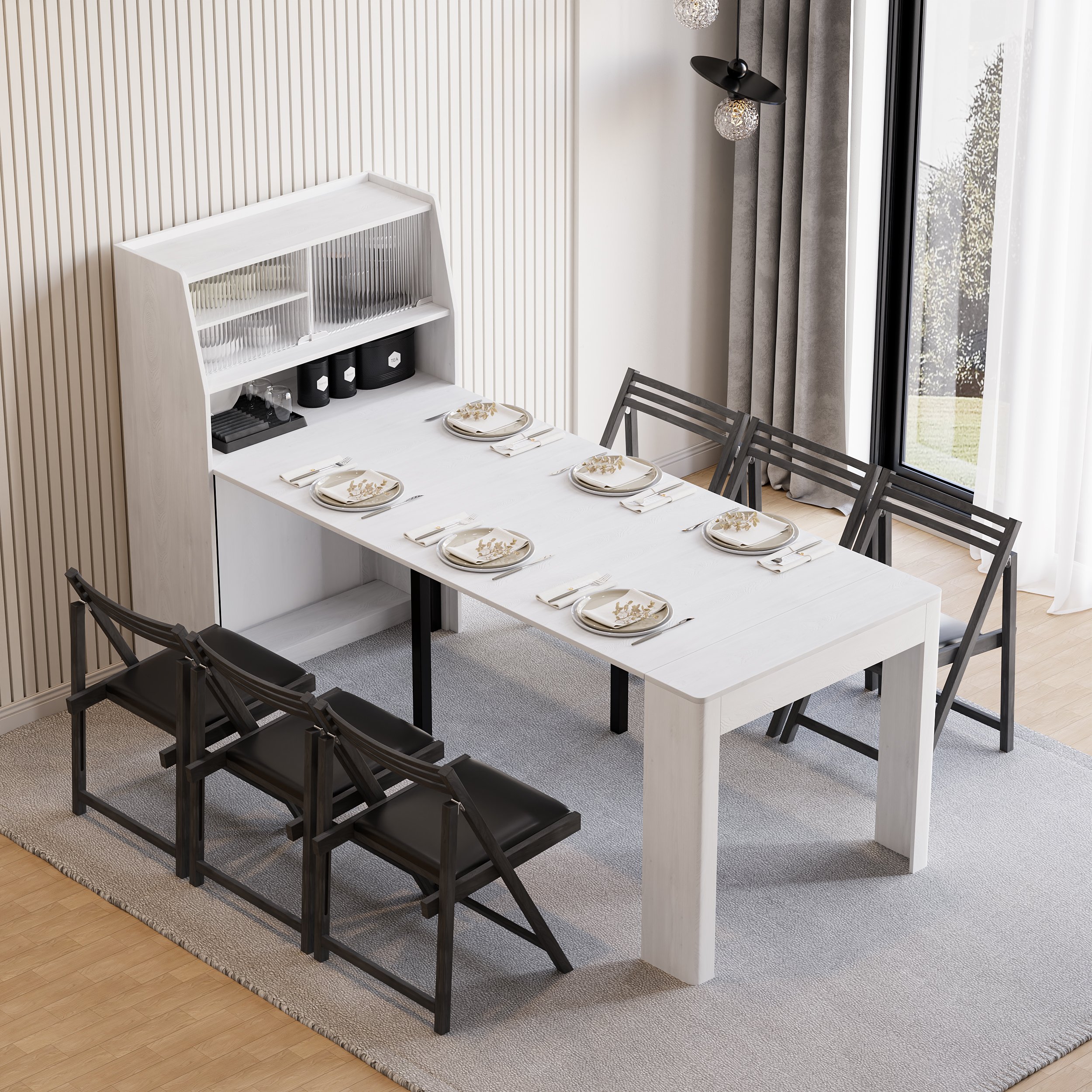 Farmhouse 71" Extendable Rectangular White Dining Table with Sideboard