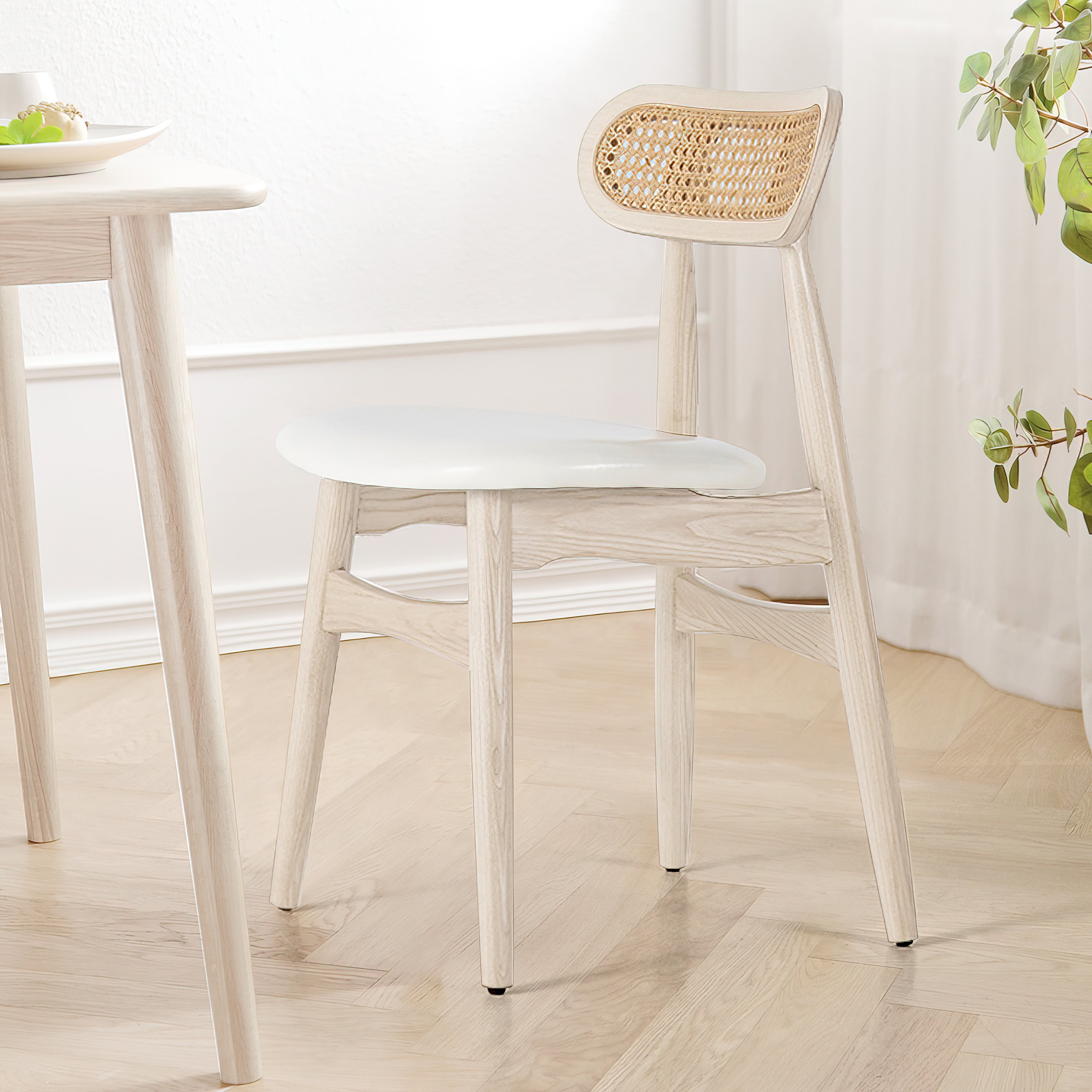 Japandi Bleached Wood PU Leather Upholstered Dining Chair, Set of 6 - Alternate View