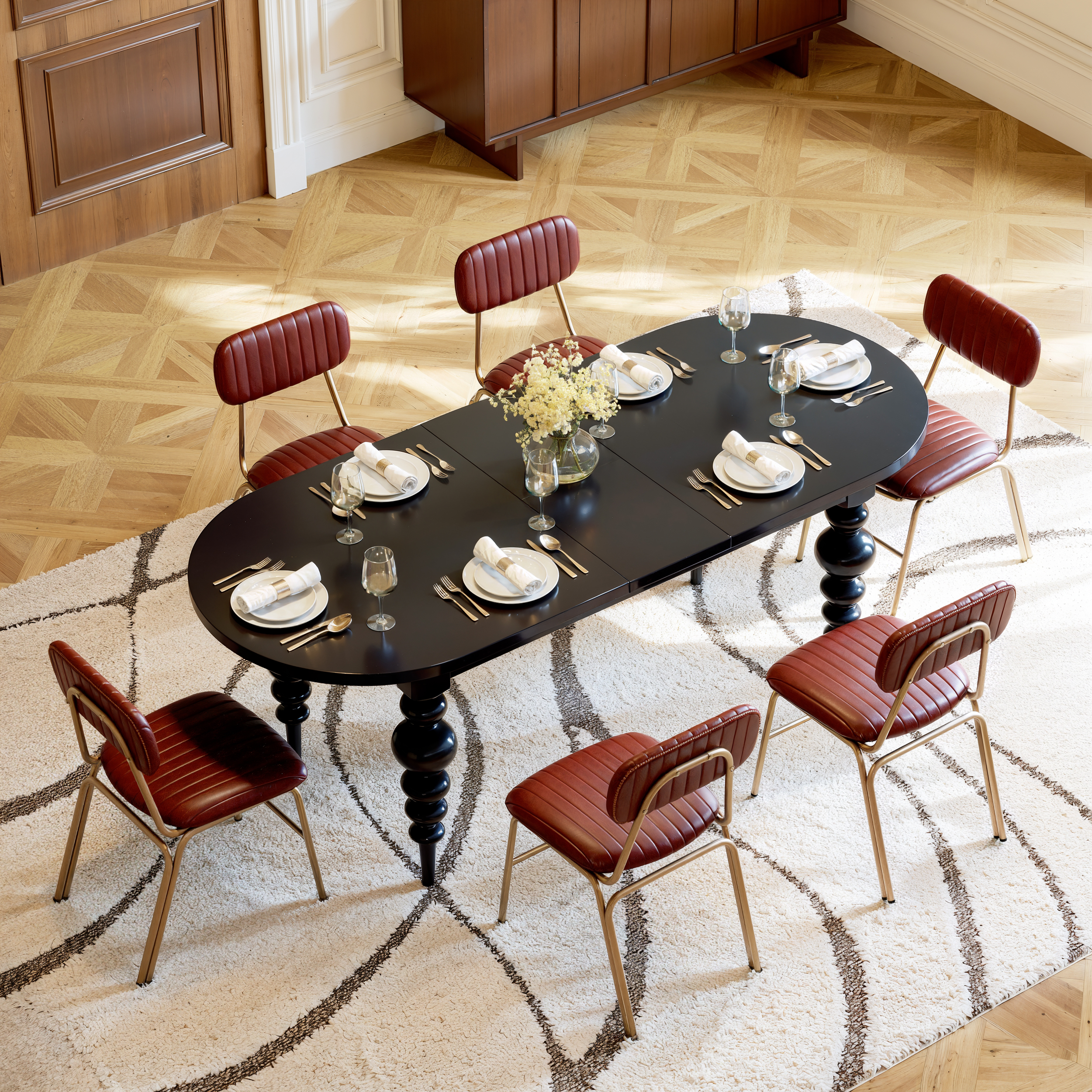 Mid-Century Modern 67" to 79" Extendable Black Oval Dining Table with Turned Legs